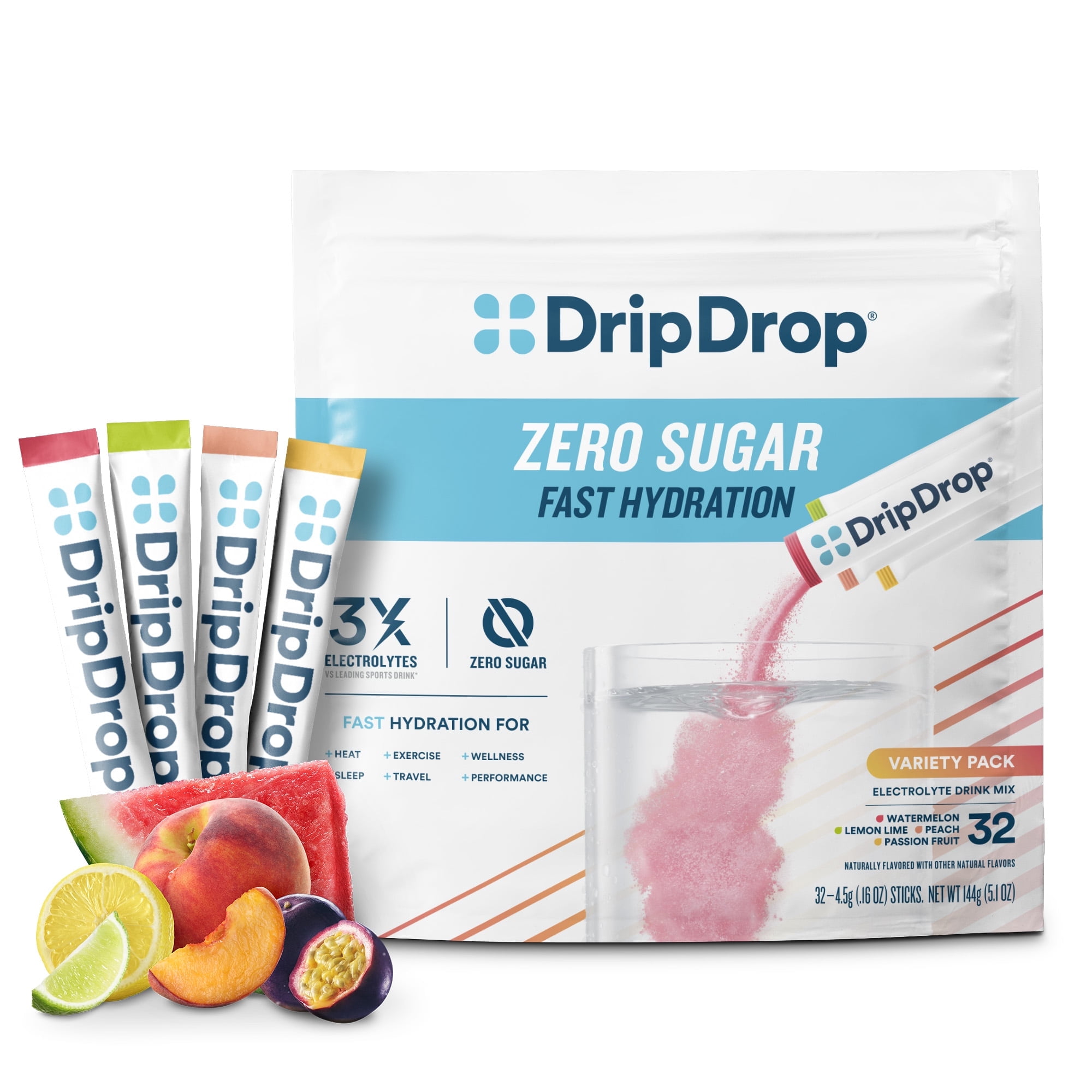 DripDrop Electrolyte Powder Drink Mix for Fast Hydration, Zero Sugar Variety, 32 Count Packets