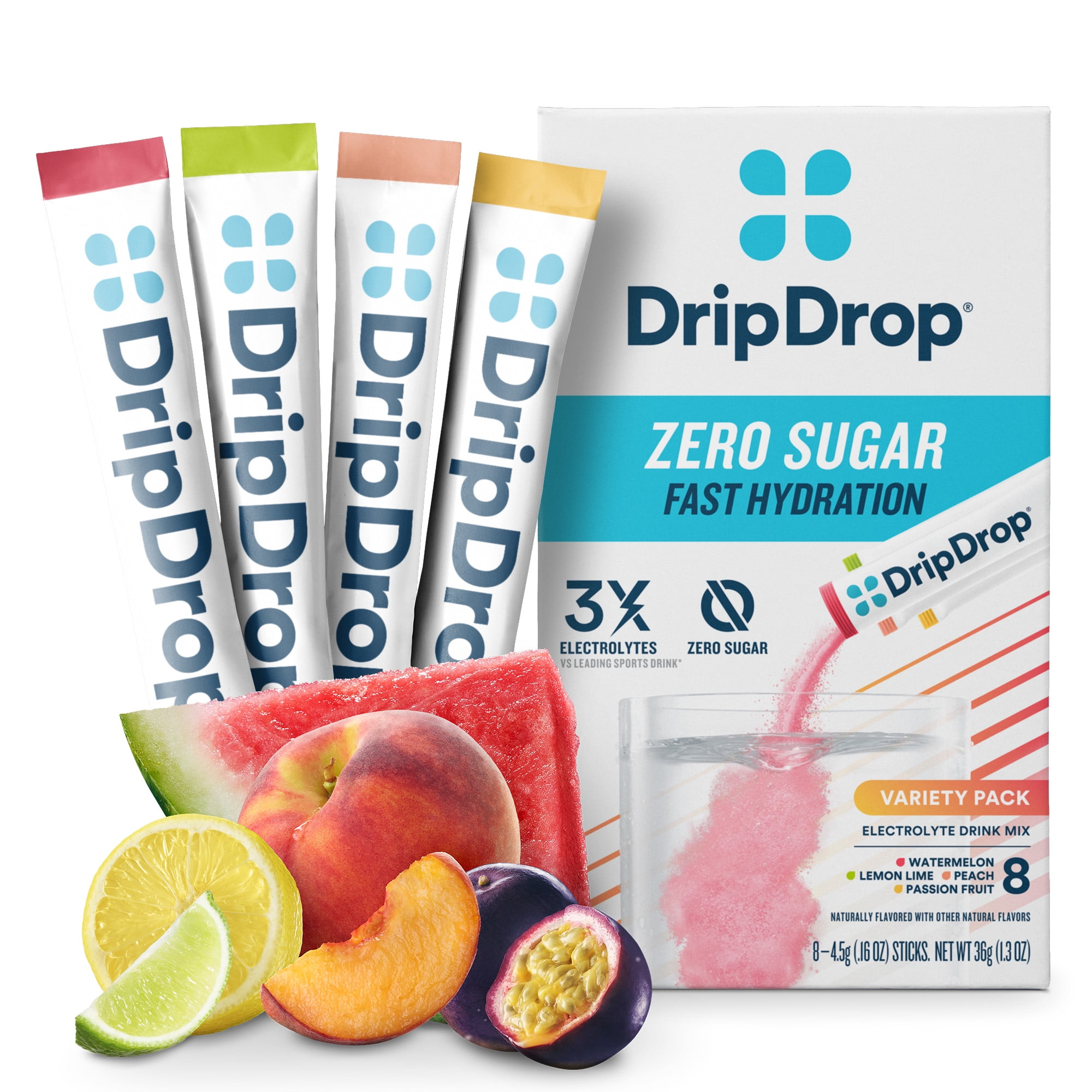 DripDrop Electrolyte Zero Sugar Powder Drink Mix for Fast Hydration, Zero Sugar Variety, 0.16 oz, 8 Count Packets
