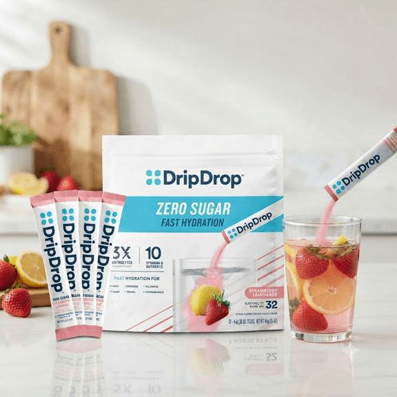 DripDrop Sugar Free Electrolyte Powder Drink Mix, Zero Strawberry Lemonade, 32 Sticks