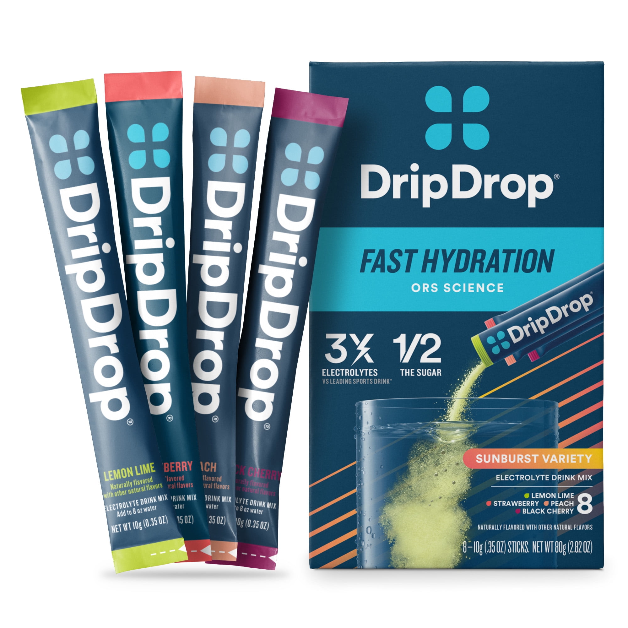 DripDrop Fast Hydration Sunburst Variety - Lemon Lime, Strawberry, Peach, and Black Cherry Electrolyte Powder Drink Mix, 8 Count
