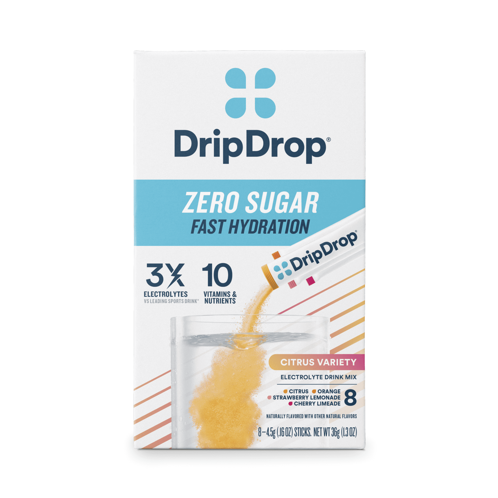 DripDrop Zero Sugar Electrolyte Powder Citrus Variety Fast Hydration - Drink Mix, 8 Count, 0.16 oz