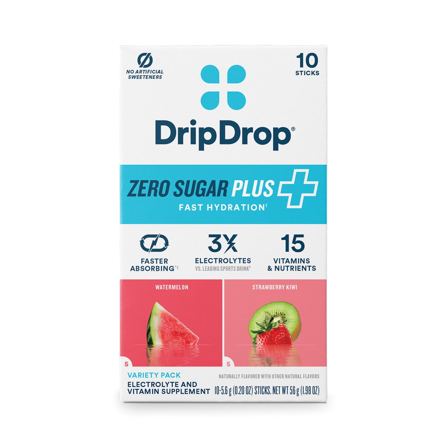 DripDrop Zero Sugar Fast Hydration - Watermelon and Strawberry Kiwi Electrolyte Powder Drink Mix, 10 Count, 0.20 oz