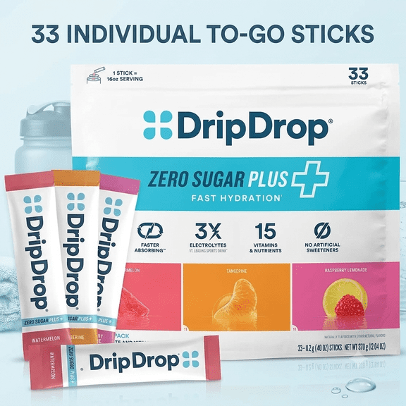 DripDrop Zero Sugar Plus Fast Hydration Electrolyte Drink Mix, Variety Pack, 33 Sticks