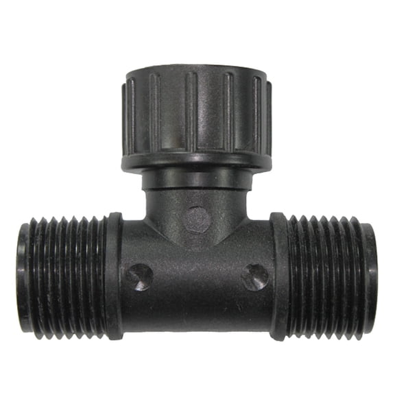 DripWorks Hose Tee Fitting  Durable Black Plastic T-Splitter with Female Swivel Inlet & Male Hose Thread Outlets  Compact Design for Narrow Spaces (10)