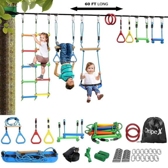 Mini Ninja Ropes Course Dripex 60FT Ninja Warrior Obstacle Course for Kids - Double Ninja ...
