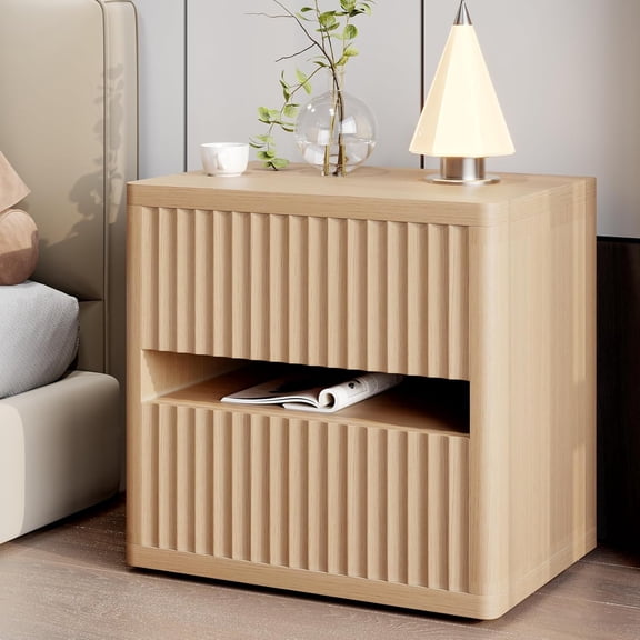 Dripex Fluted Nightstand with 2 Drawers, Large Wide Wood Night Stand Bedside Table for Bedroom, Mid-Century Modern Storage Bed Side Table, End Table for Living Room Sofa Couch, Natural Oak