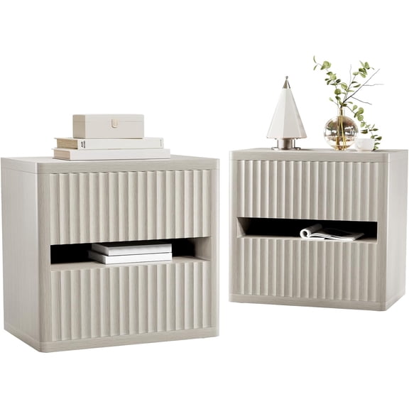 Dripex Fluted Nightstand Set of 2 with Drawers Storage, Large Wide Wood Night Stand Bedside Tables for Bedroom, Mid-Century Modern Bed Side Table, End Tables for Living Room Sofa Couch, Gray Oak
