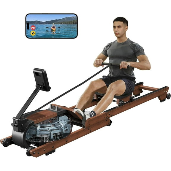 Dripexfit Space-Saving Wooden Water Rower Machine | Foldable Design for Small Homes | 350LB Weight Limit + Real Water Resistance with Performance Tracking App