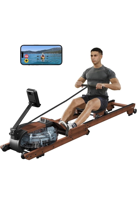 Space-Saving Wooden Water Rower Machine | Foldable Design for Small Homes | 350LB Weight Limit + Real Water Resistance with Performance Tracking App