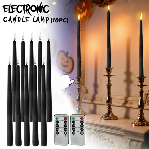 Dripless Black Flameless Taper Candles Flickering, 9.6" Real Wax LED Halloween Candles with Remote & Timer, 10 Pack Battery Operated