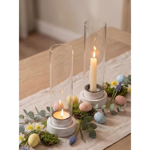 Dripless Candlestick Holders with Wax Catchers: Set of 2 Hurricane Glass Candle Holders with Metal Bobeches for Easier Reuse - White Wood Farmhouse Home Decor for Easter Dinning Table