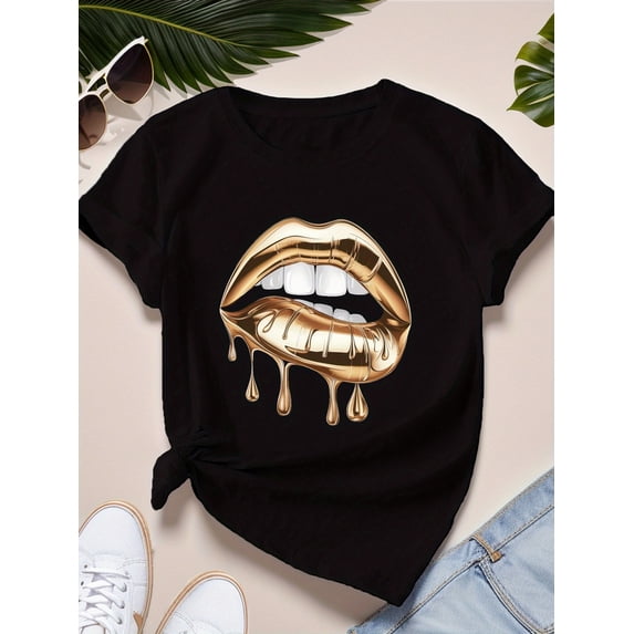 Dripping Metallic Golden Lips Graphic Print Crew Neck Short Sleeve Casual T-Shirt