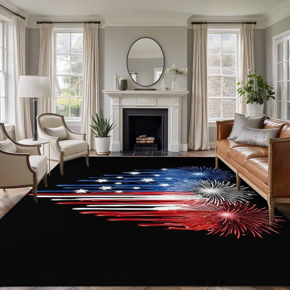 Dripping Paint 6'x9' Large Area Rugs Red White Blue Fireworks Dripping Paint Heart Black Washable Area Rugs Non-Slip Indoor Floor Mats Large Carpet for Living Room Bedroom Dining Room