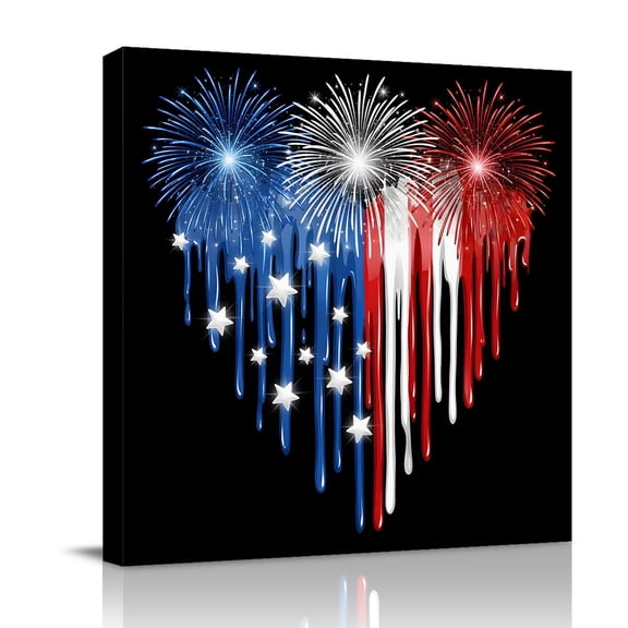 Dripping Paint Canvas Wall Art for Living Room, Red White Blue Fireworks Dripping Paint Heart Black Poster Print Painting for Bedroom Office Home Decoration Wall Pictures Prepare To Hang 8"x8"