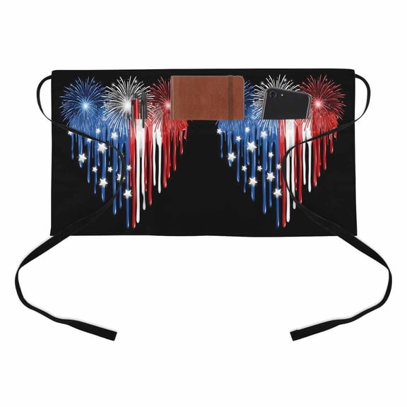 Dripping Paint Kitchen Restaurant Half Waist Apron, Red White Blue Fireworks Dripping Paint Heart Black Server Short Apron with 3 Pockets Waterproof Oil Waist Aprons for Women Waitress Waiter