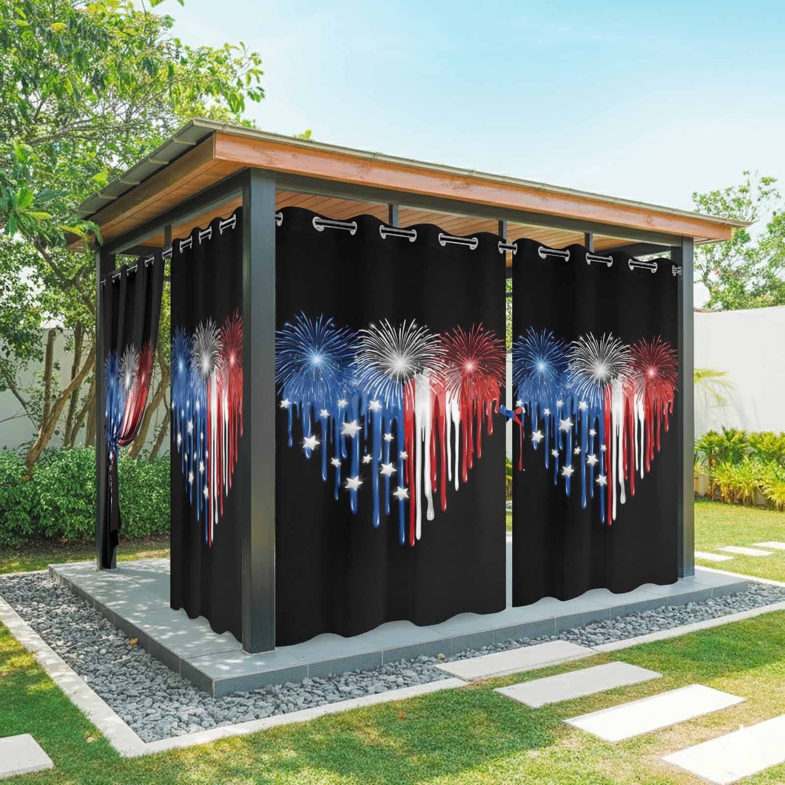 Dripping Paint Outdoor Curtains for Patio, Red White Blue Fireworks Dripping Paint Heart Black Sunshade Privacy Drapes Grommet Waterproof Outside Curtains for Porch/Cabana/Balcony 54"x 108", 1 Panel