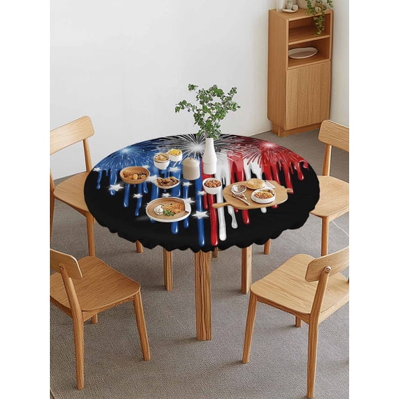 Dripping Paint Round Fitted Tablecloth with Elastic Edge, Red White Blue Fireworks Dripping Paint Heart Black Waterproof Stretch Table Covers for 36"-44" Tables Wipeable Table Cloth for Outdoor