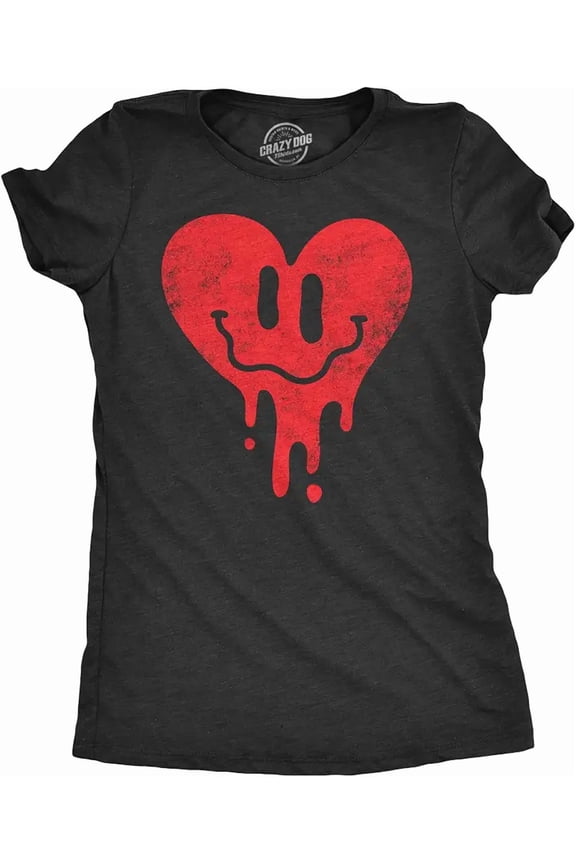 Dripping Red Heart Smiley Face Graphic Women Short Sleeve Casual Tee Shirt