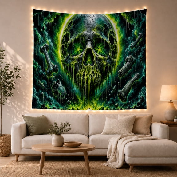 Dripping Skull in Nebulous Teal Atmosphere, Eerie Psychedelic Style for Gothic Decor Fans, Haunting Wall Art, Halloween Gift Tapestry Wall Hanging for Bedroom, Living Room and Dorm
