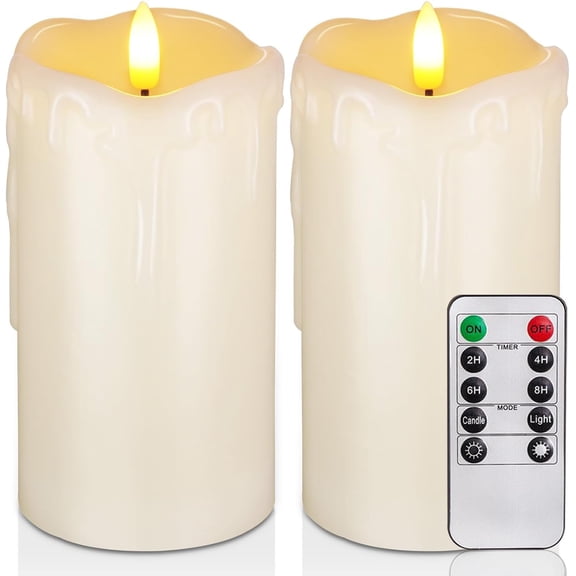 Dripping Wax Flameless Candles, Battery Operated Candles with Remote Control and Timers, LED Pillar Candles, Electric Fake Candles, 3" x 6", Set of 2