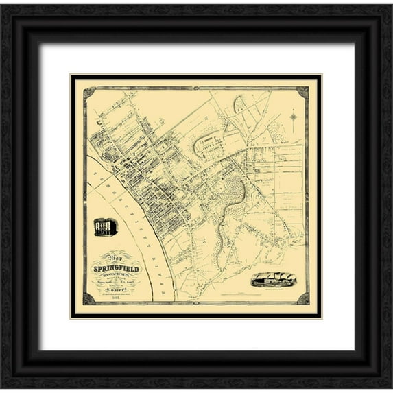Dripps 27x26 Black Ornate Wood Framed with Double Matting Museum Art Print Titled - Springfield Massachusetts Landowner - Dripps 1851