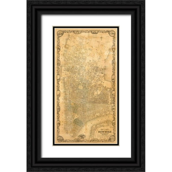 Dripps, Matthew 9x14 Black Ornate Wood Framed with Double Matting Museum Art Print Titled - City of New York Extending Northward to 50th St., 1852