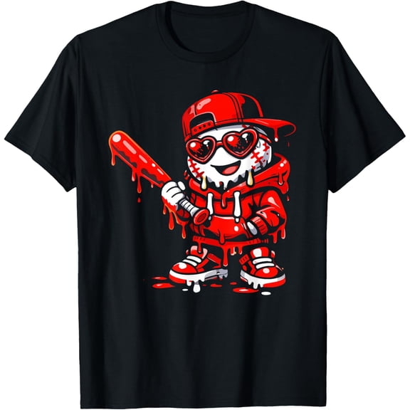 Drippy Baseball Mascot Valentine Heart Glasses Cartoon T-Shirt