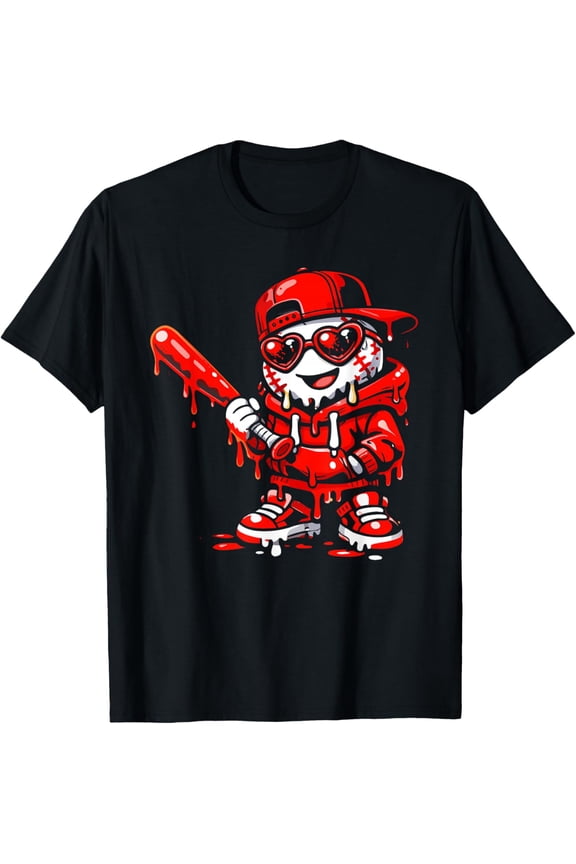 Drippy Baseball Mascot Valentine Heart Glasses Cartoon T-Shirt