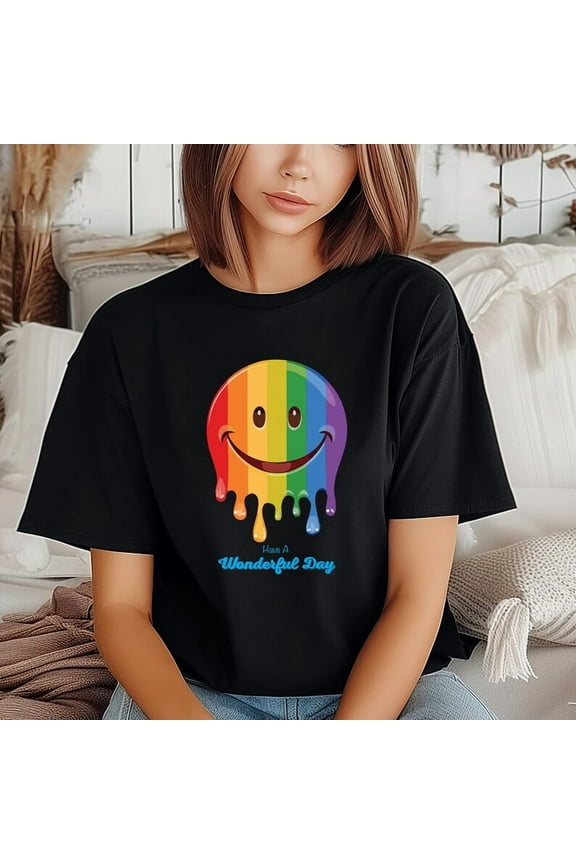 Drippy Rainbow Smiley Face Tee, Fun Graphic T-Shirt, Wonderful Day, Happy Days love