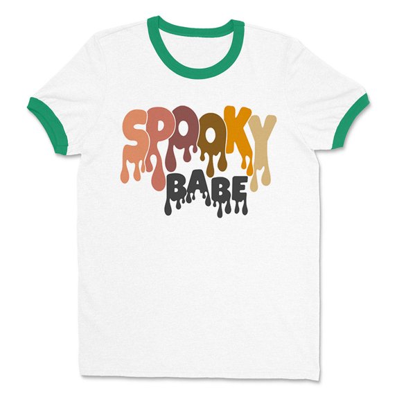 Drippy Spooky Babe Ringer Tee Shirt Unisex Large White/Kelly Green