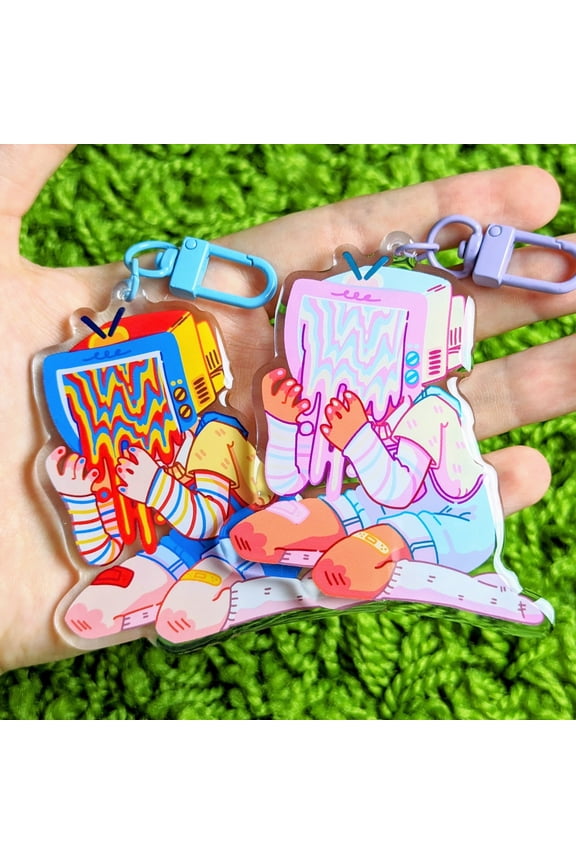 Drippy TV Head Character Acrylic Keychain Cute Kawaii Chibi Bag Charm Fan Gift, random 1 pack