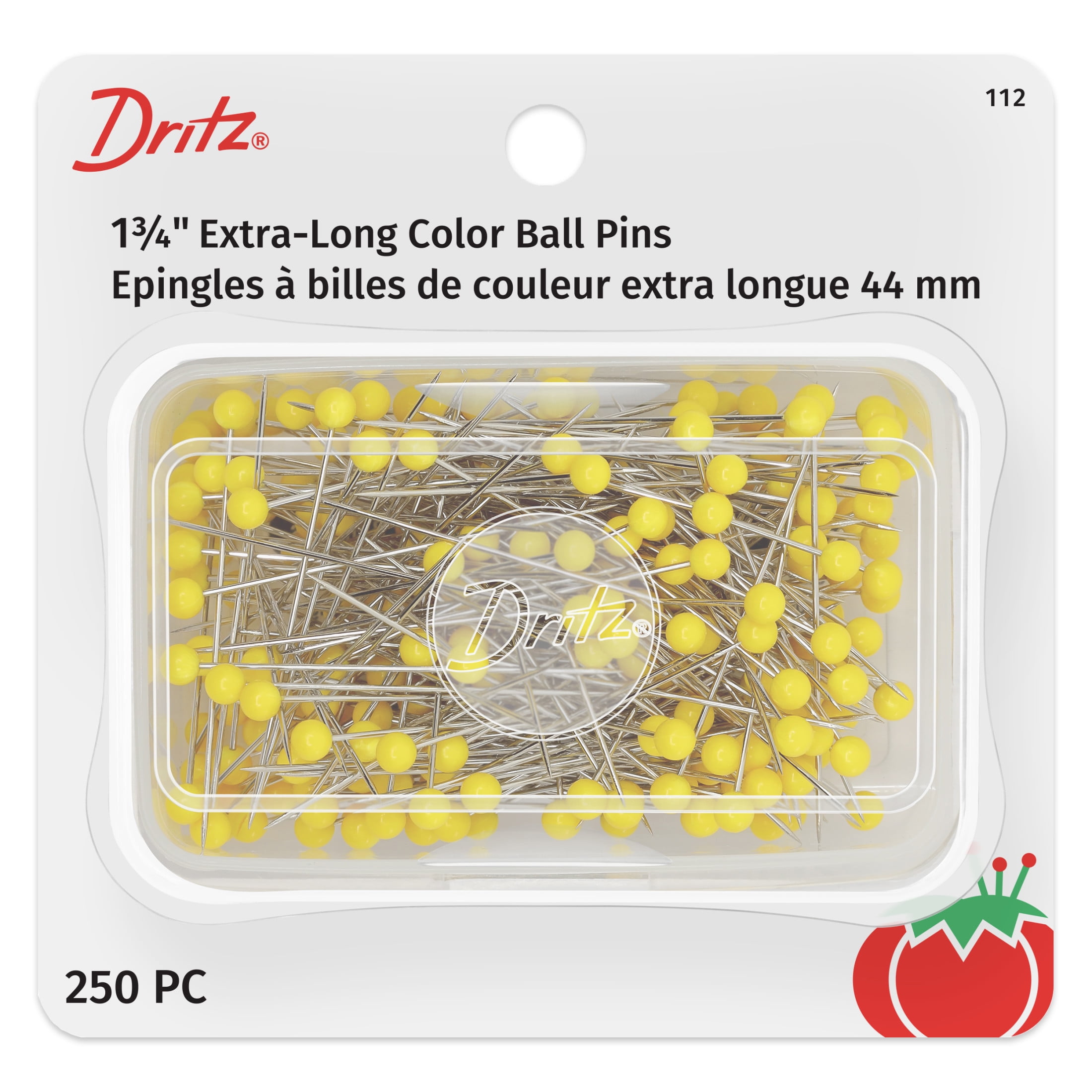 Dritz 1-3/4" Extra-Long Color Ball Pins, 250 Count, Yellow Heads, Nickel-Plated Steel