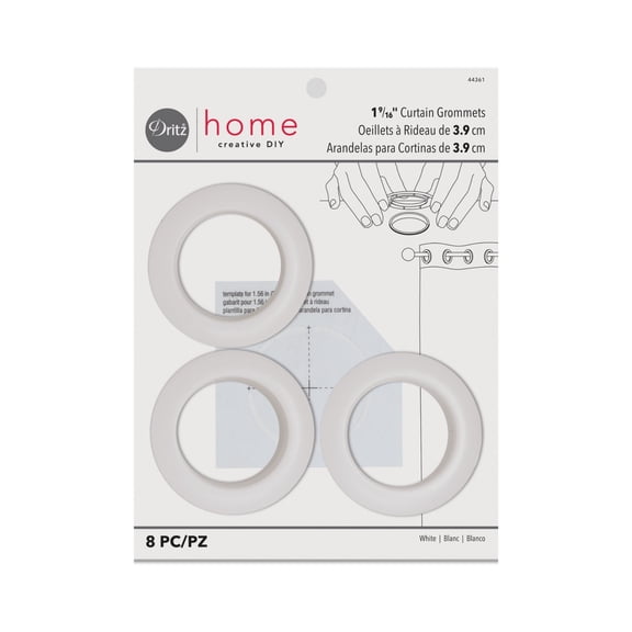 Dritz Curtain Grommets, 1-9/16" (40 mm) Inner Diameter, Heavy-Duty Plastic, White Color, Snap-On Design, Tool-Free Installation, 8-Pack