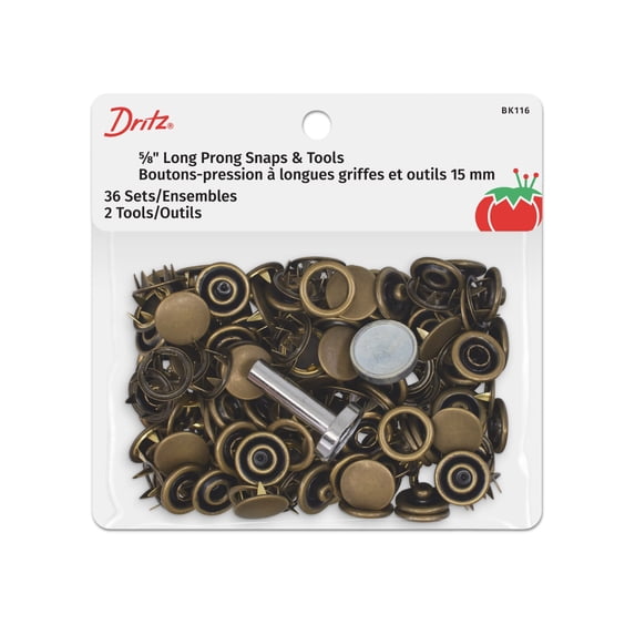 Dritz 5/8" Long Prong Snaps & Tools, Brass, 36 Sets