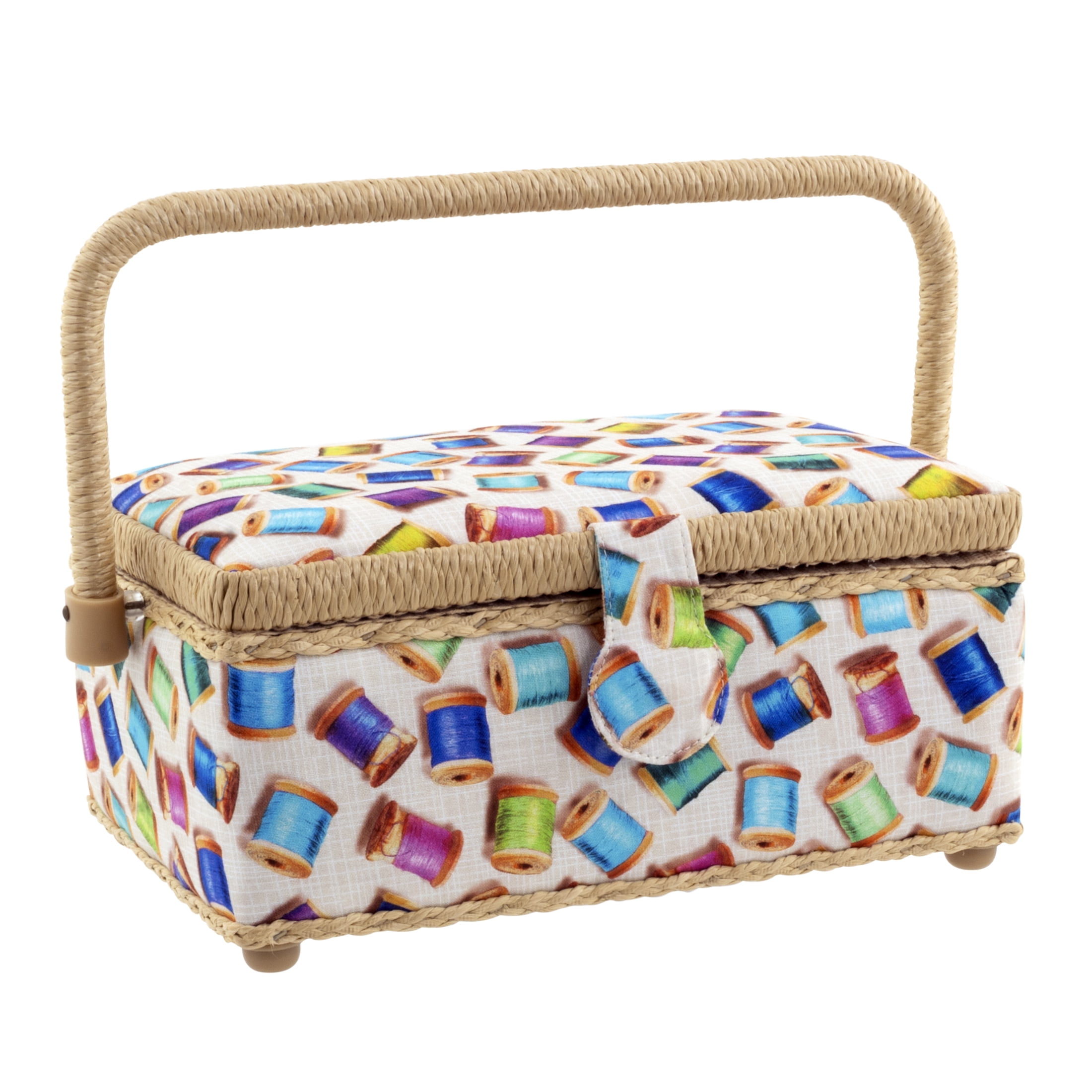 Colorful Spools Small Sewing Basket with Beige Trim