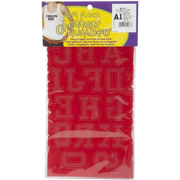 Dritz CL175LNRD Iron-on Letters & Numbers, Soft Flock, Collegiate, 1-3/4-Inch, Red (3-Sheets)