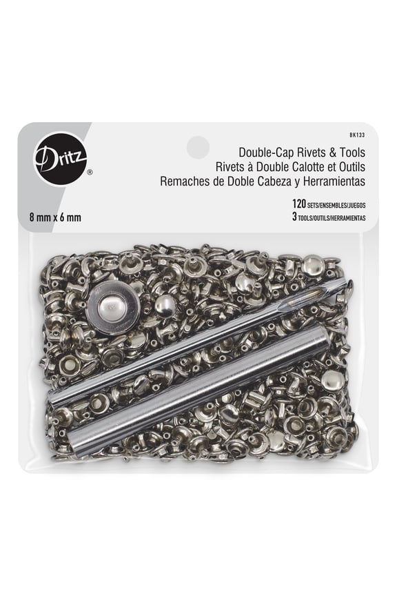 Double-Cap Rivets & Tools, 8 mm, Silver, 120 Sets