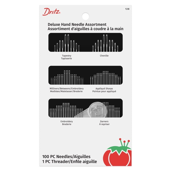 Dritz Deluxe Hand Needles with Needle Threader, Assorted Styles & Sizes, 100 Count