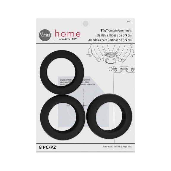 Dritz Curtain Grommets, 1-9/16" (40 mm) Inner Diameter, Heavy-Duty Plastic, Black Color, Snap-On Design, Tool-Free Installation, 8-Pack