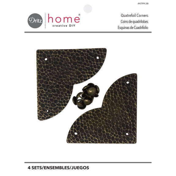 Dritz Home Textured Quatrefoil Corners, Large, 3 Pack, Antique Brass