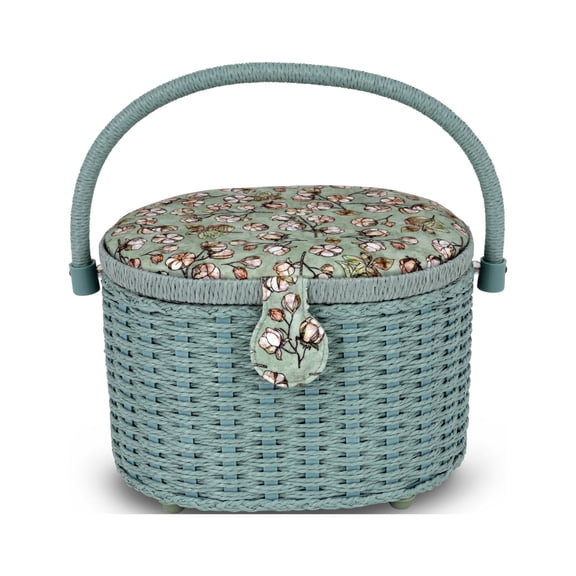 Dritz Oval Weaved Sewing Basket, Small, Soft Green Floral