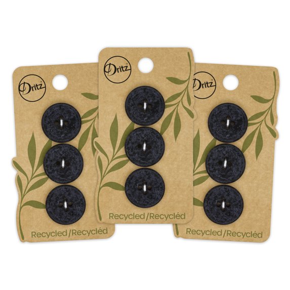 Dritz Recycled Cotton Round Stitch Button, 20mm, Black, 3 Pack (9 Count)