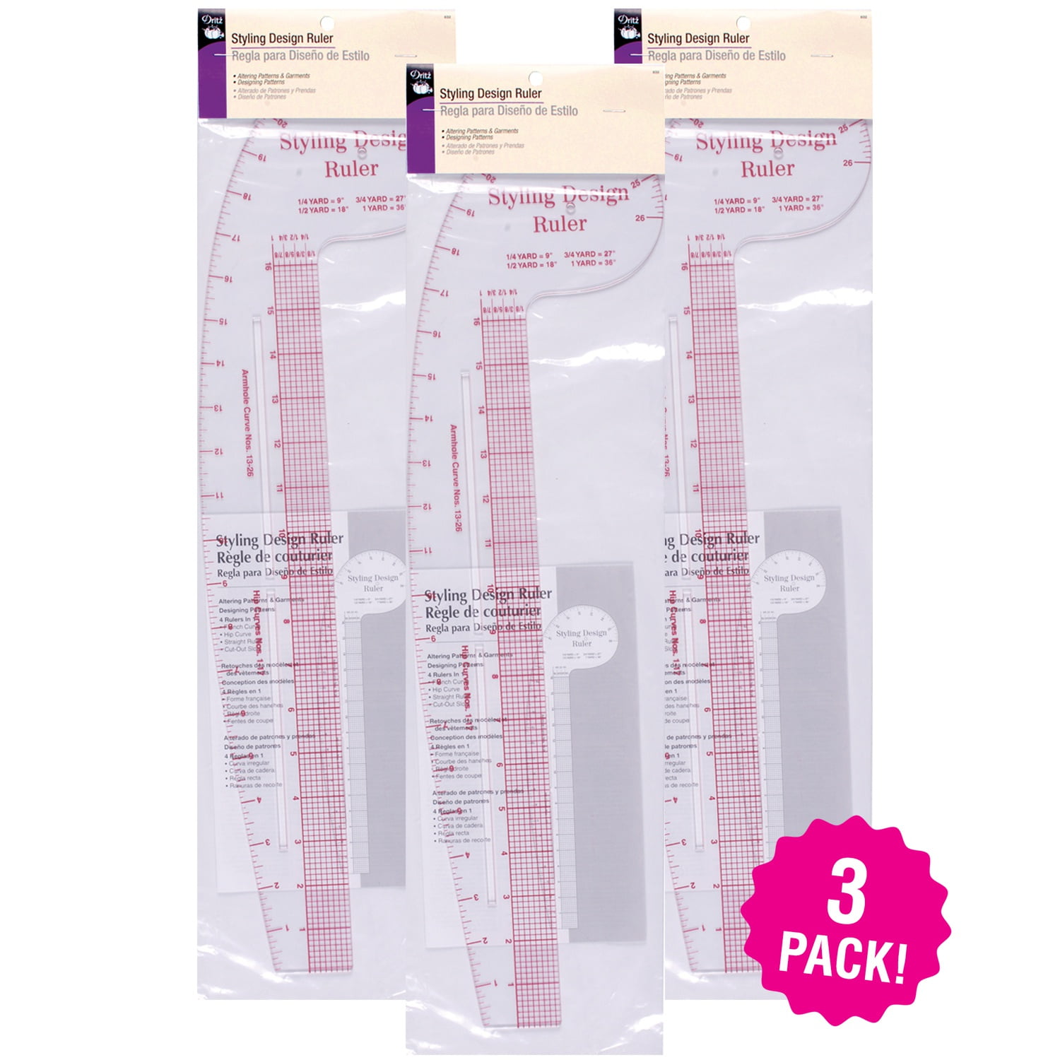 Dritz Design Ruler Trio, 3 Sewing Rulers, Clear