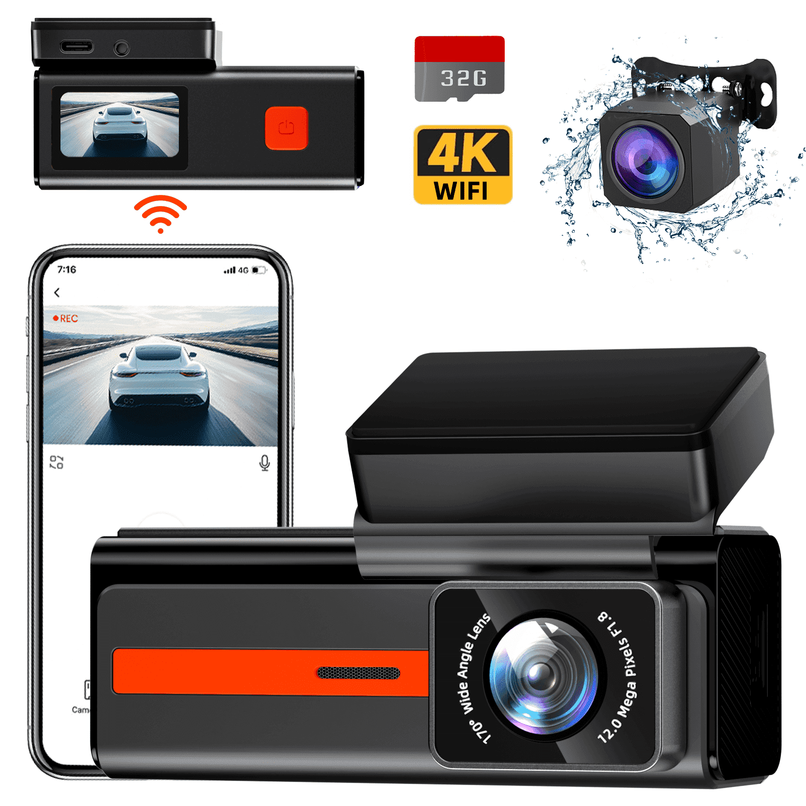 4K+1080P Dash Cam Front and Rear,Car Camera with App Control,Built-in Wifi for File Transfer,Dual Dash Camera with Night Vision,24H Parking Monitor,G-Sensor,Loop Recording,32GB SD Card,Black