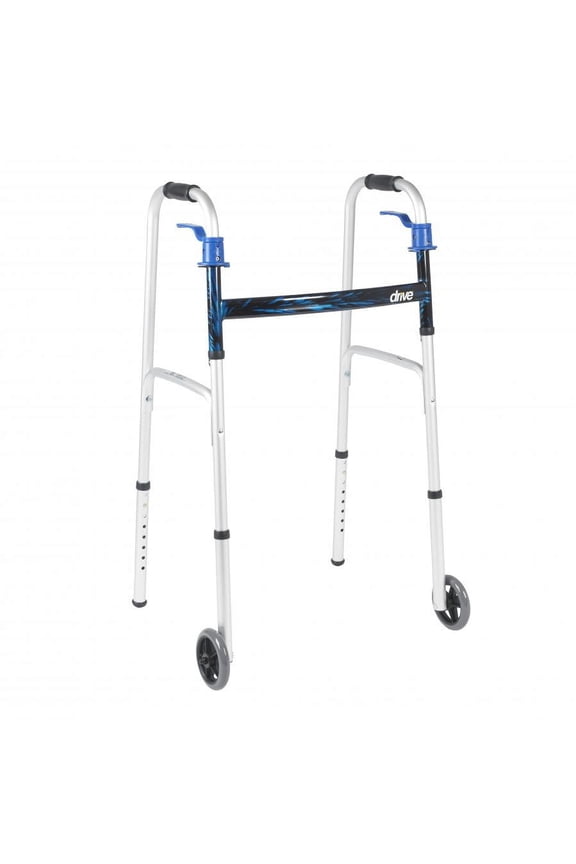 Deluxe Trigger Release Folding Walker with 5 Inch Wheels - Blue, Aluminum Frame, 32 to 39 Inch Adjustable Height, 5 Inch Casters, 350 lbs. Weight Capacity