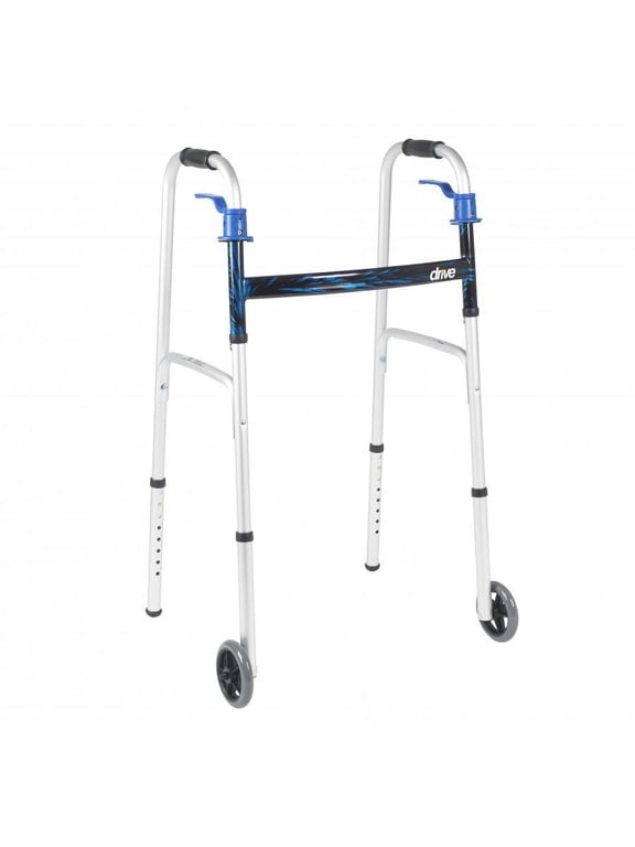Deluxe Trigger Release Folding Walker with 5 Inch Wheels - Blue, Aluminum Frame, 32 to 39 Inch Adjustable Height, 5 Inch Casters, 350 lbs. Weight Capacity