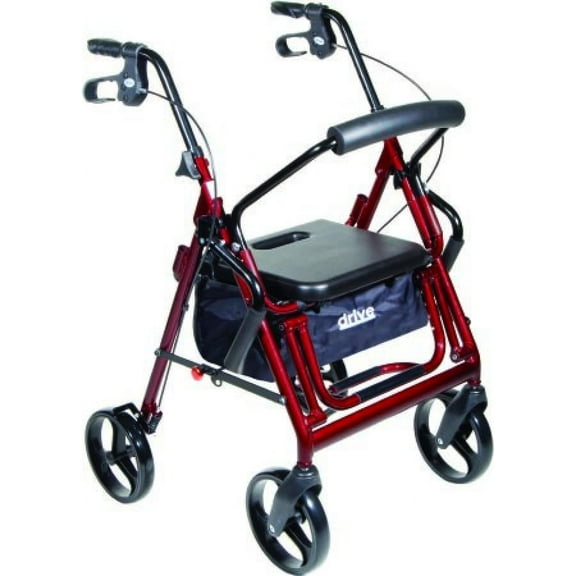 Drive Duet 4-Wheel Rollator/Transport Chair - Aluminum Frame, Folding, 25.5 Inch Base Width, 300 lb Weight Capacity, Burgundy