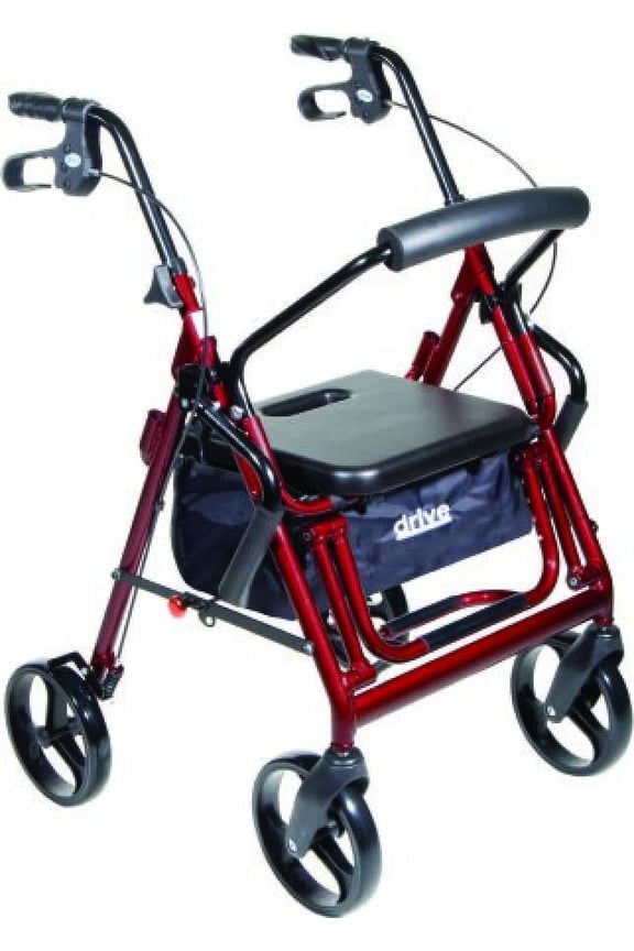 Duet 4-Wheel Rollator/Transport Chair - Aluminum Frame, Folding, 25.5 Inch Base Width, 300 lb Weight Capacity, Burgundy