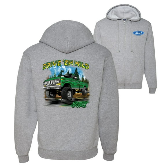 Drive 'Em Wild Green 1970 Ford Bronco Front Back Cars and Trucks Graphic Zip Up Hoodie Sweatshirt, Heather Grey, Medium