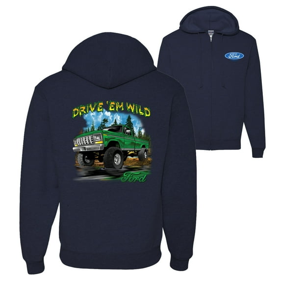 Drive 'Em Wild Green 1970 Ford Bronco Front Back Cars and Trucks Graphic Zip Up Hoodie Sweatshirt, Navy, Medium